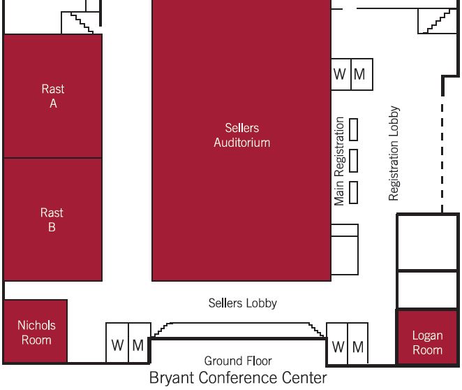 floorplan of the Bryant Conference Center showing Sellers Auditorium in the center and Rast A and B to the left of the auditorium