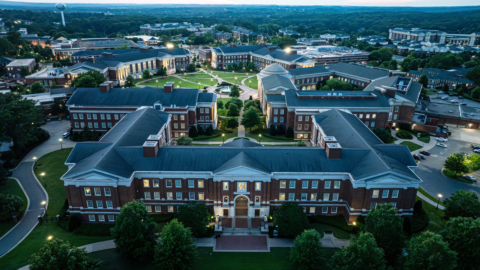 Aerial shot of the Science and Engineering Quad at sunset