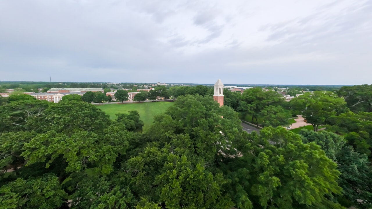 aerial drone shot of the Quad and Denny Chimes