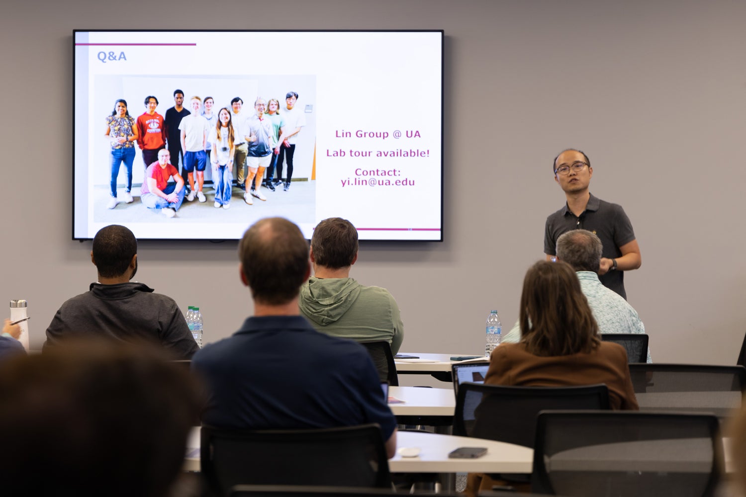 A contestant giving a pitch